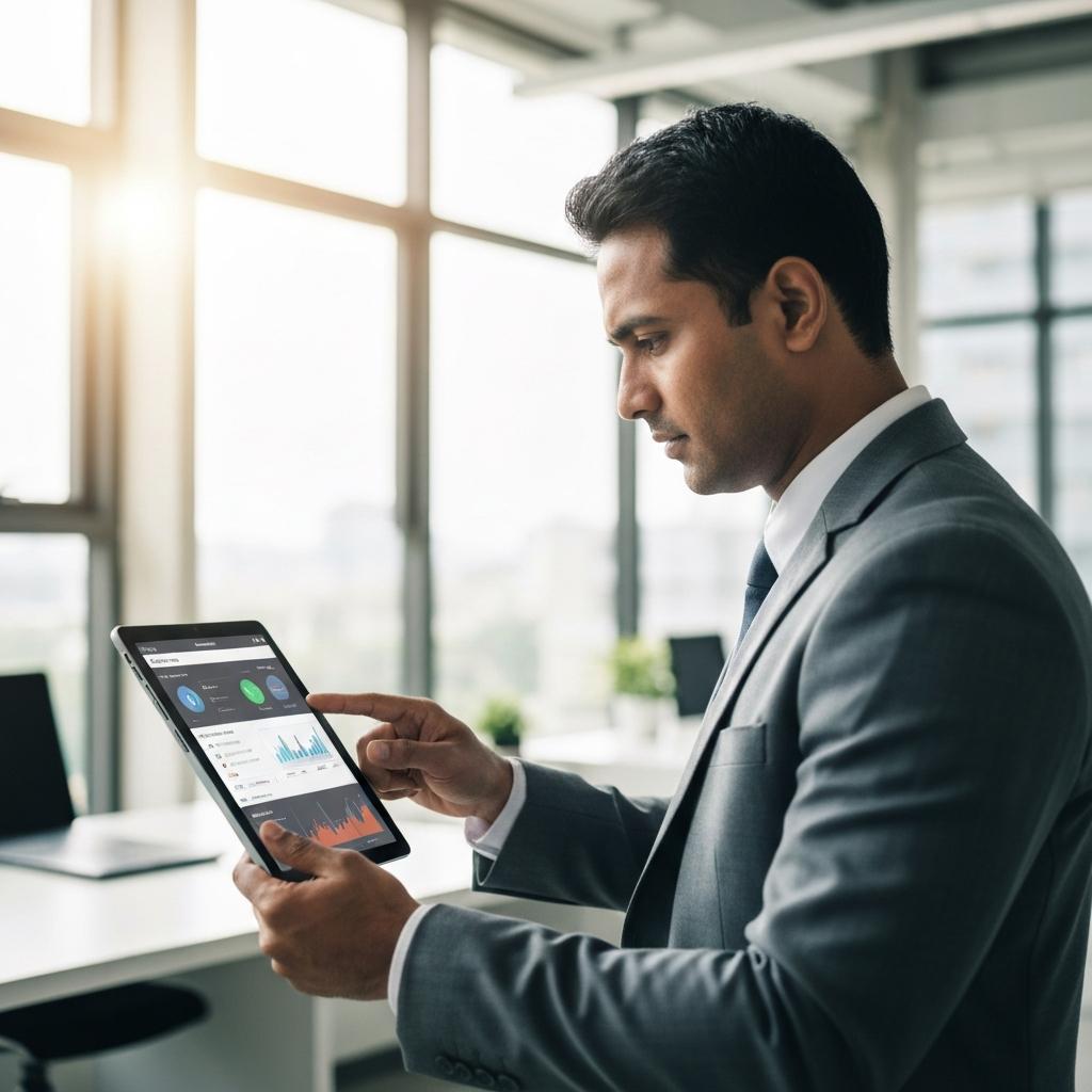 Payment industry executive reviewing digital transaction dashboard on a tablet in a modern sunlit office